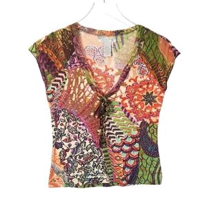 ALBERTO MAKALI Vintage Y2K Multi Print Short Sleeve Top Size S Sequin Beaded